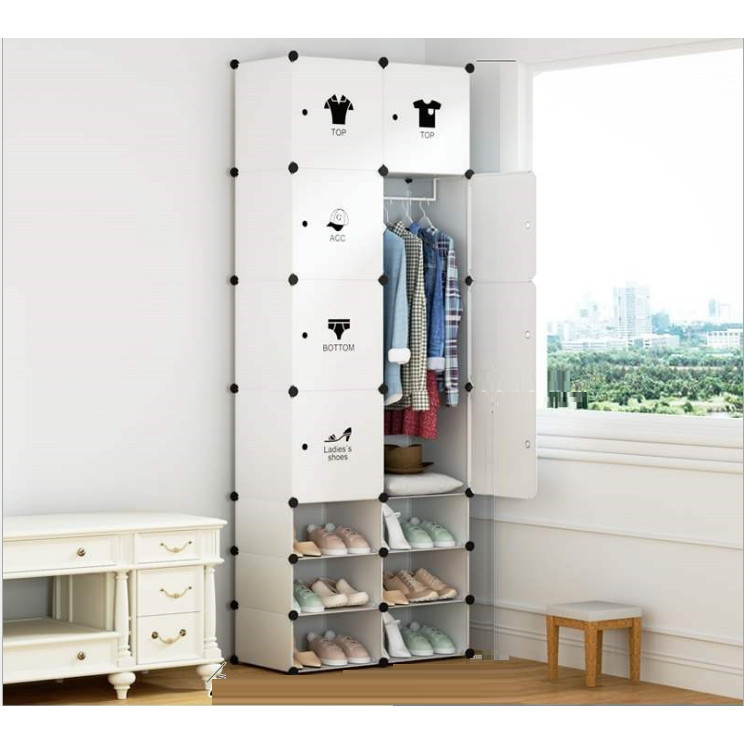 Tủ nhựa lắp ghép 8 ô và 6 ô giày tiết kiệm diện tích, màu trắng, decal quần áo, 1 teo