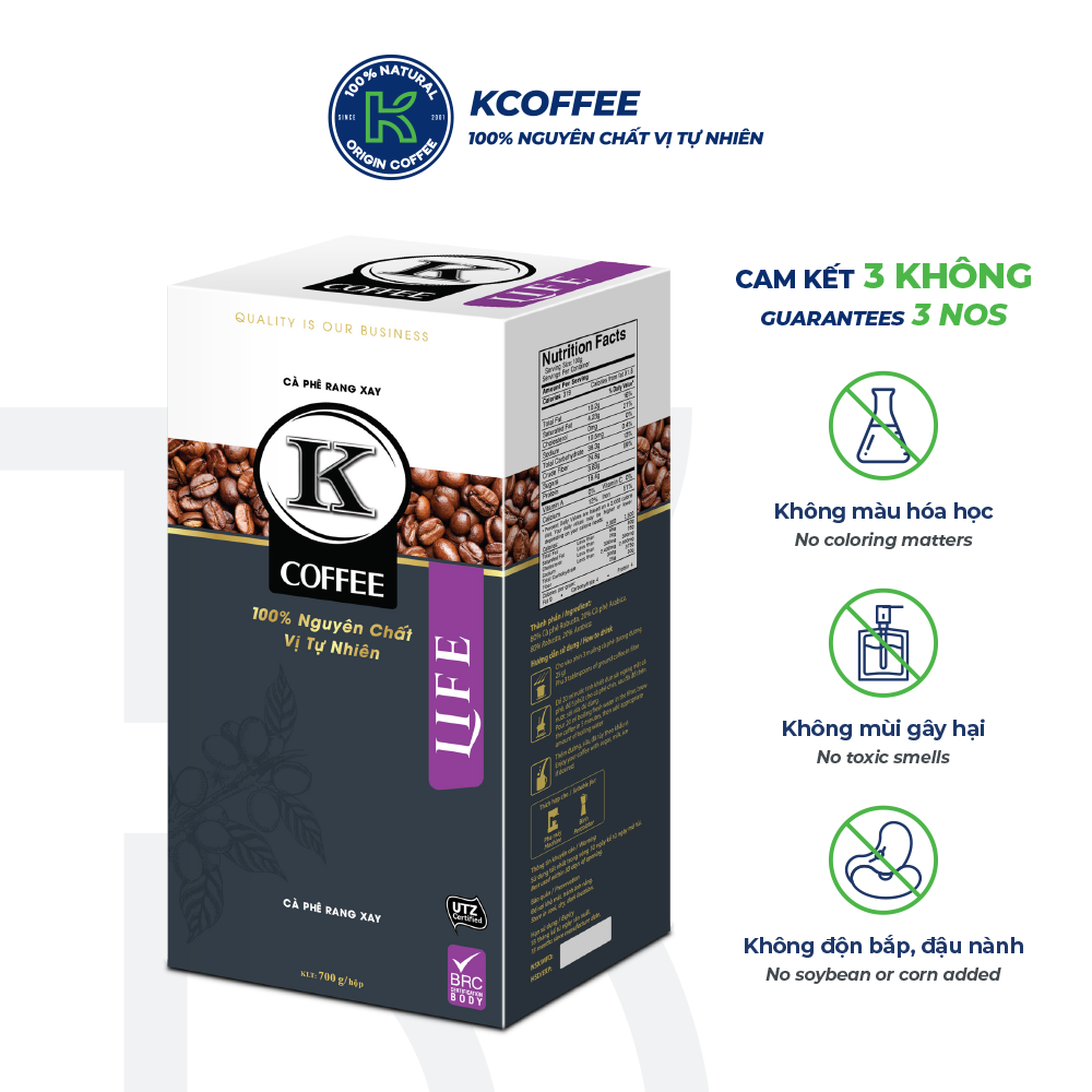 Cà phê rang xay KCoffee 100% Robusta Arabica nguyên chất K-LIFE (700g/Hộp)