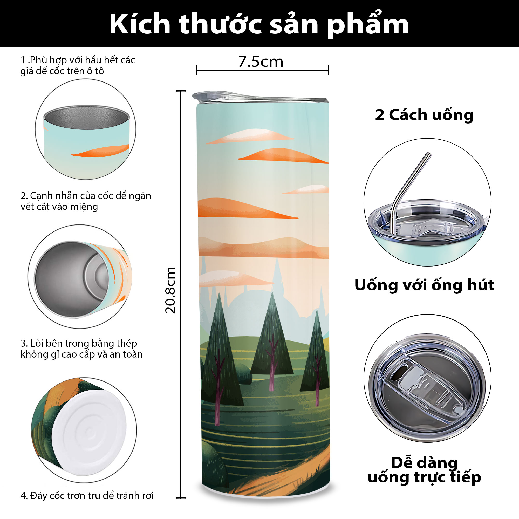Bình nước in họa tiết thiên nhiên - Bình giữ nhiệt 2 lớp thép không gỉ SUS 304 - Ly giữ nhiệt in họa tiết thiên nhiên
