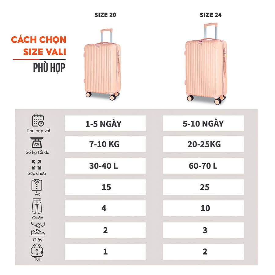 Vali du lịch BAMOZO 8801 MÀU ĐEN size 20/24, vali kéo nhựa được bảo hành 5 năm