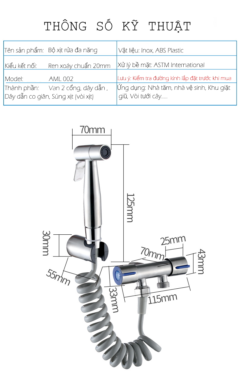 Bộ vòi xịt rửa đa năng bao gồm van xả 2 cổng có điều khiển riêng biệt, dây dẫn nước co dãn dạng lò so, vòi tay 2 chế độ thao tác. Chất liệu Inox, ABS, Dây PU