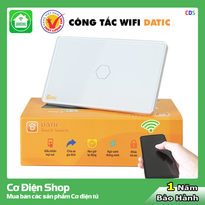 Công tắc thông minh HUNONIC DATIC 1 nút màu trắng - Điều khiển từ xa bằng điện thoại - Công nghệ 4.0