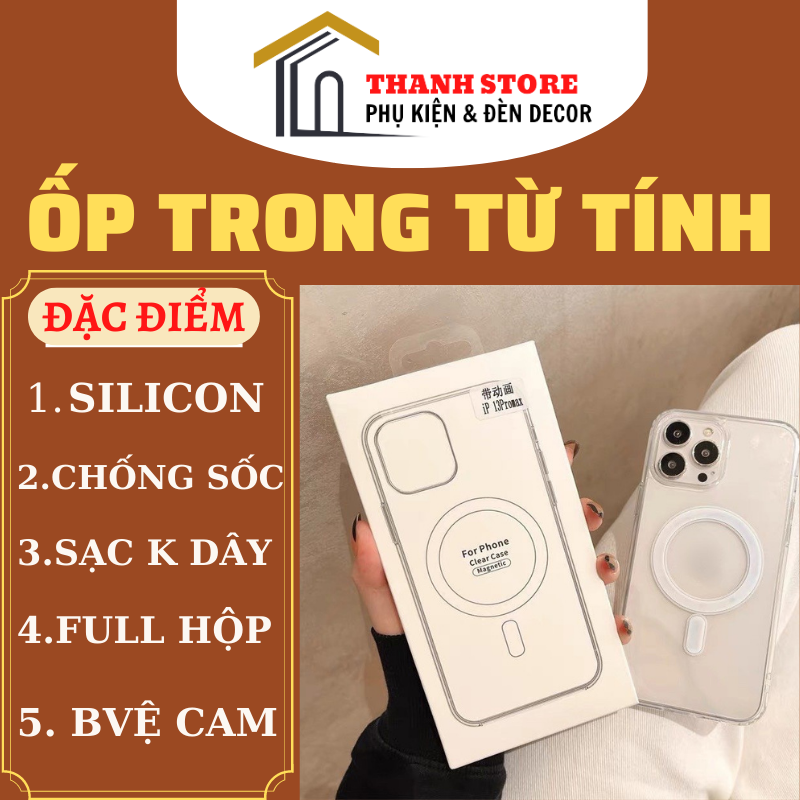 Ốp lưng điện thoại trong suốt hỗ trợ sạc từ tính cho iphone X/xsmax/11/12/13/14/pro/max/14promax