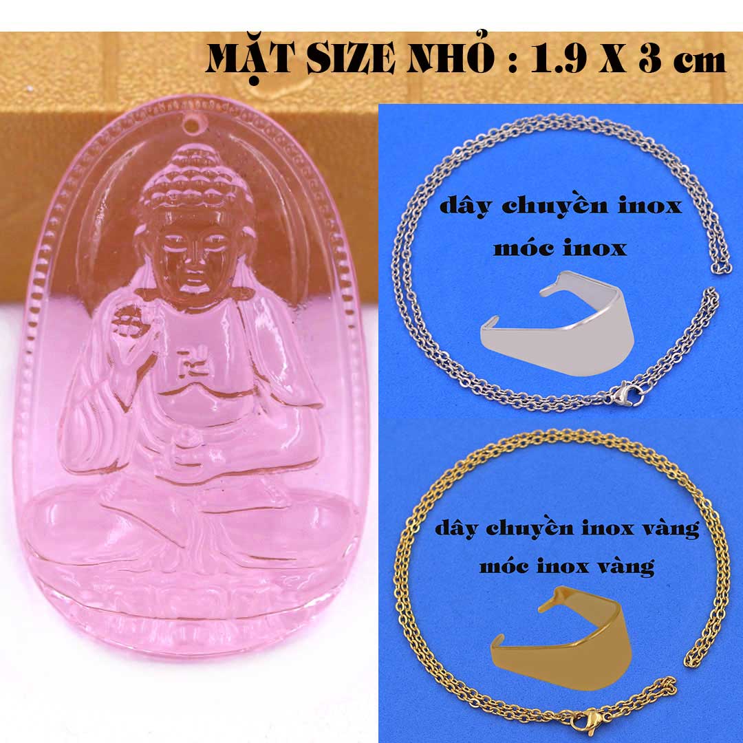 Mặt Phật Thích ca mậu ni pha lê hồng 1.9cm x 3cm (size nhỏ) kèm vòng cổ dây chuyền inox vàng + móc inox vàng, Mặt dây chuyền Phật tổ Như lai