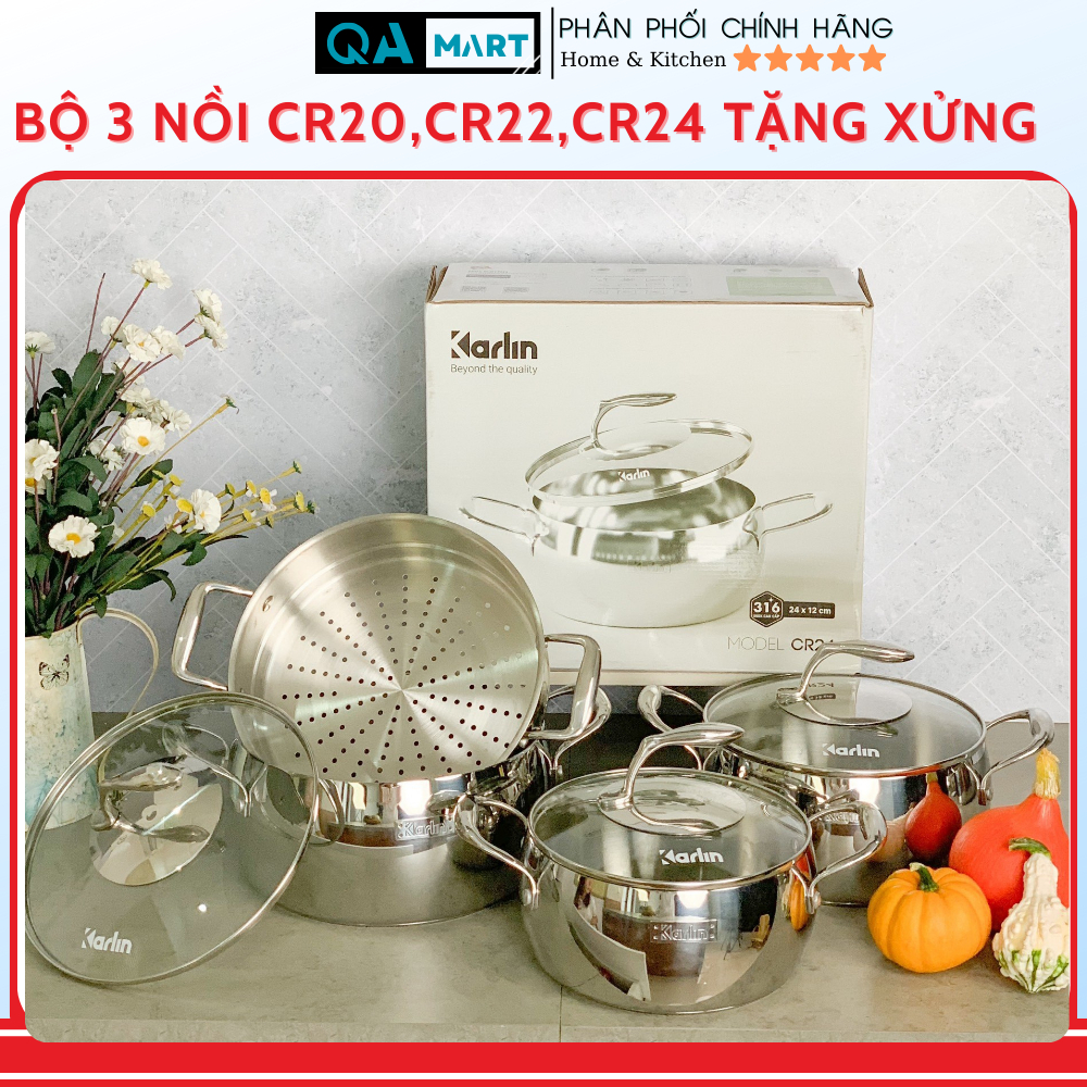 Bộ nồi karlin CR20_22_24 đáy dày 5 lớp tặng kèm xửng hấp cao cấp - Hàng chính hãng, bảo hành 24 tháng | QA Mart