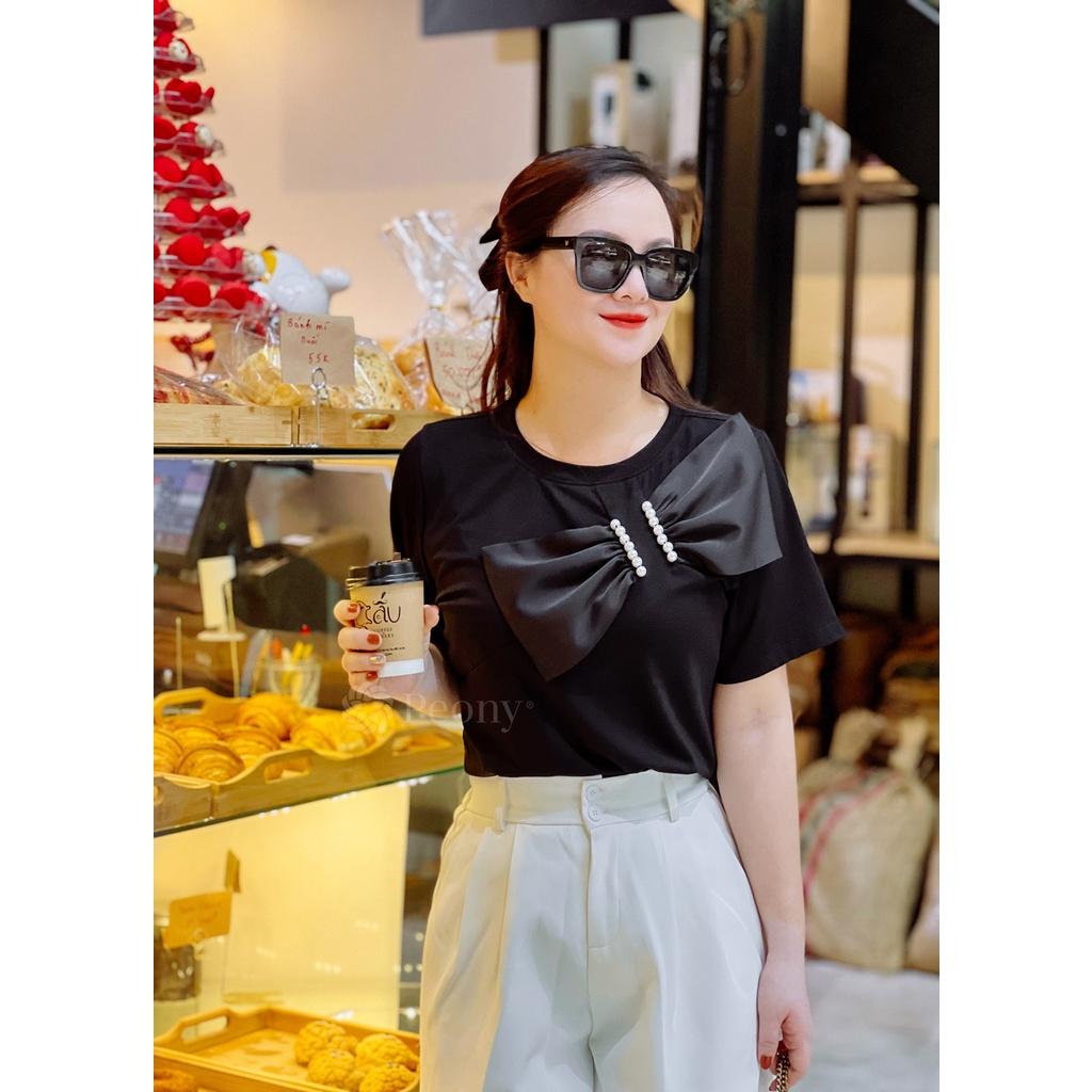 Áo thun kiểu nơ lụa thêu trai trẻ trung, nữ tính, trendy, dáng rộng - Peony