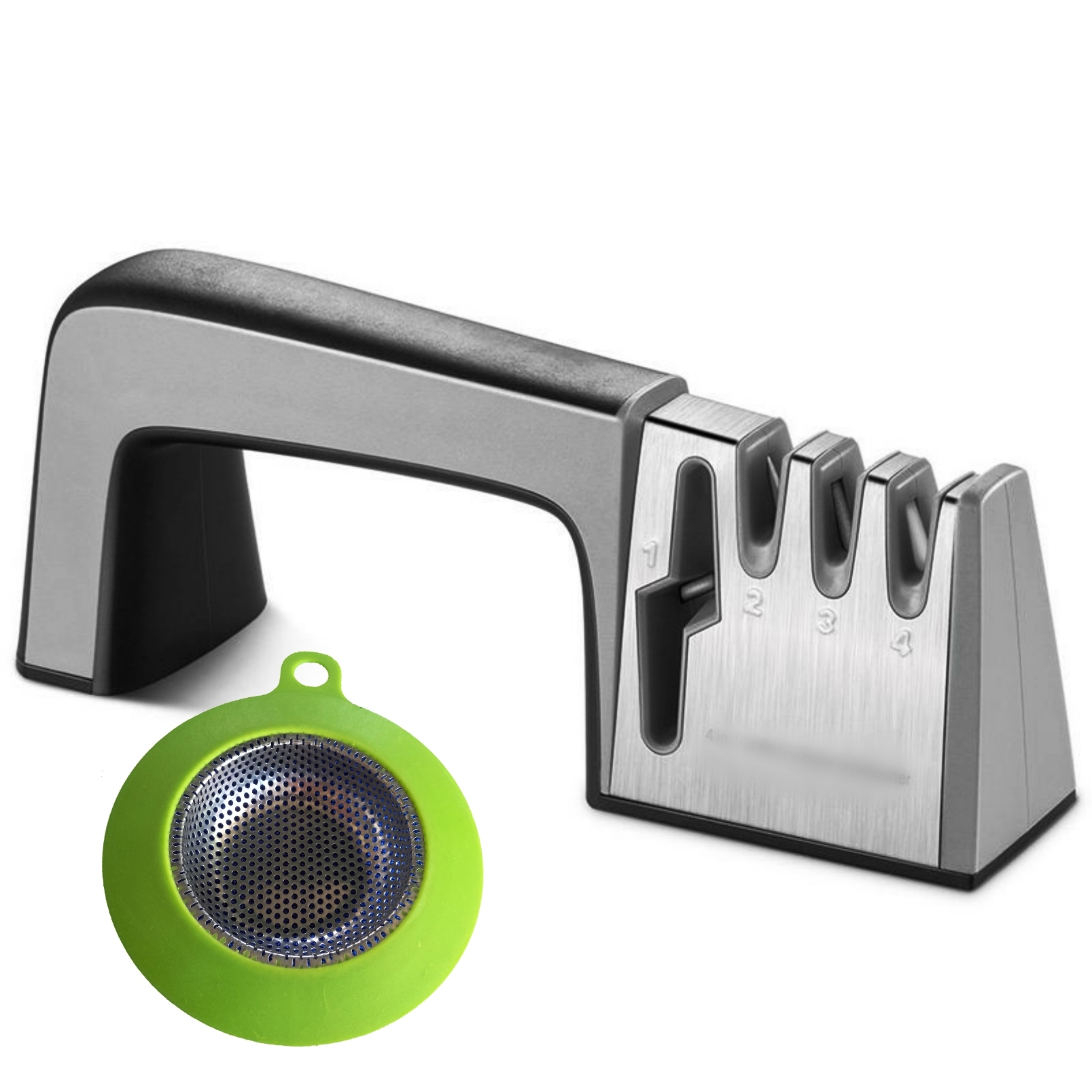 Dụng Cụ Mài Dao Kéo Inox 4 in 1 + Tặng kèm lọc rác inox viền nhựa- Giao màu ngẫu nhiên