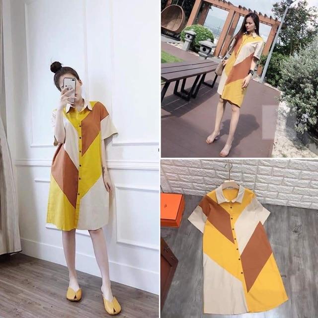Đầm sơ mi vàng pha màu cá tính