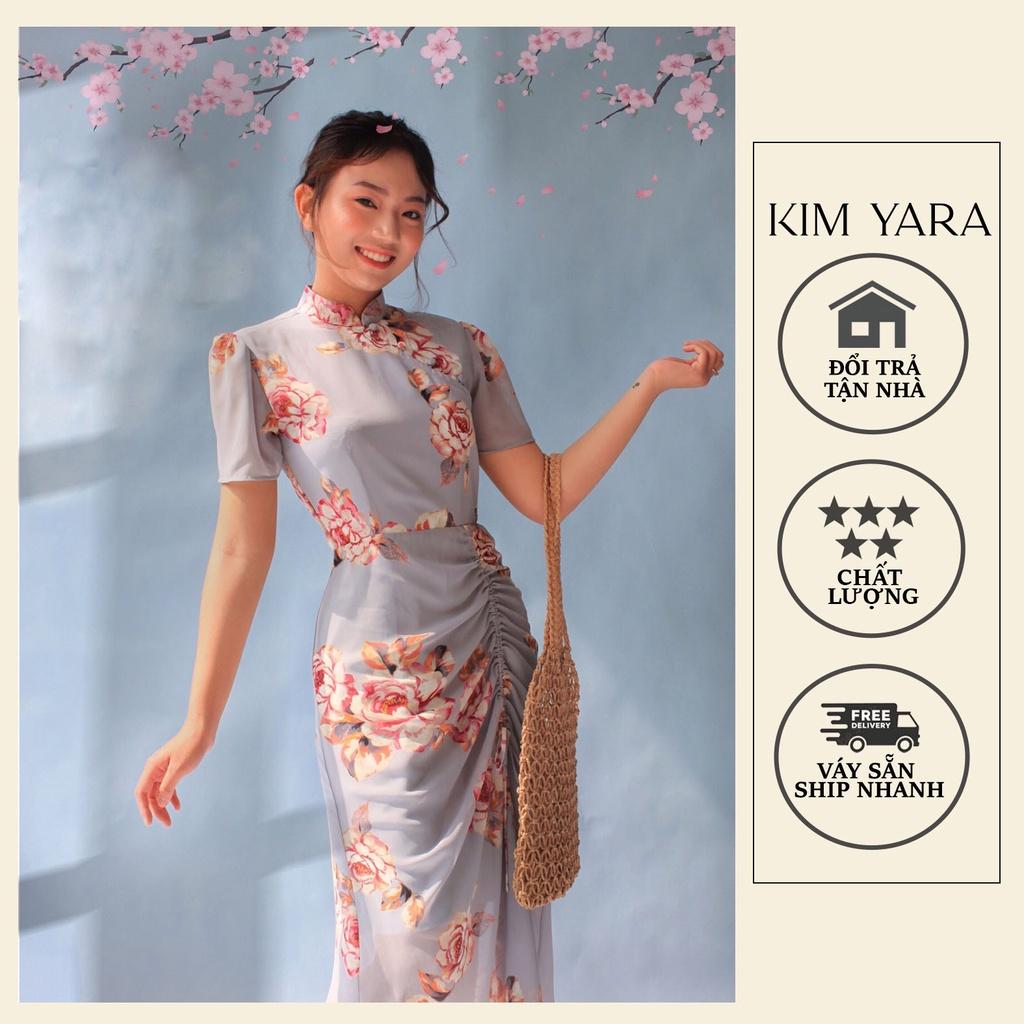 Sườn xám hoa cách tân dáng dài rút dây tùng 1 bên
