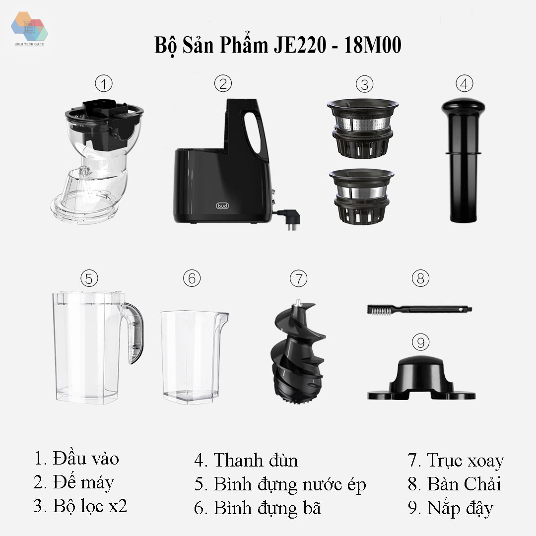 Máy ép chậm trái cây, hoa quả, rau củ BUD - JE220 - 18MOO Hàng Chính Hãng