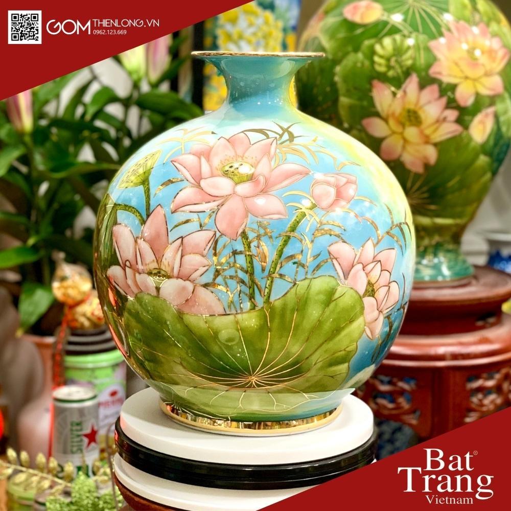 Bình Hút Lộc Sen Hồng Thuận Buồm - Vẽ Vàng 3D Hàng Kỹ - Bình Hút Tài Lộc Bát Tràng - Gốm Thiên Long