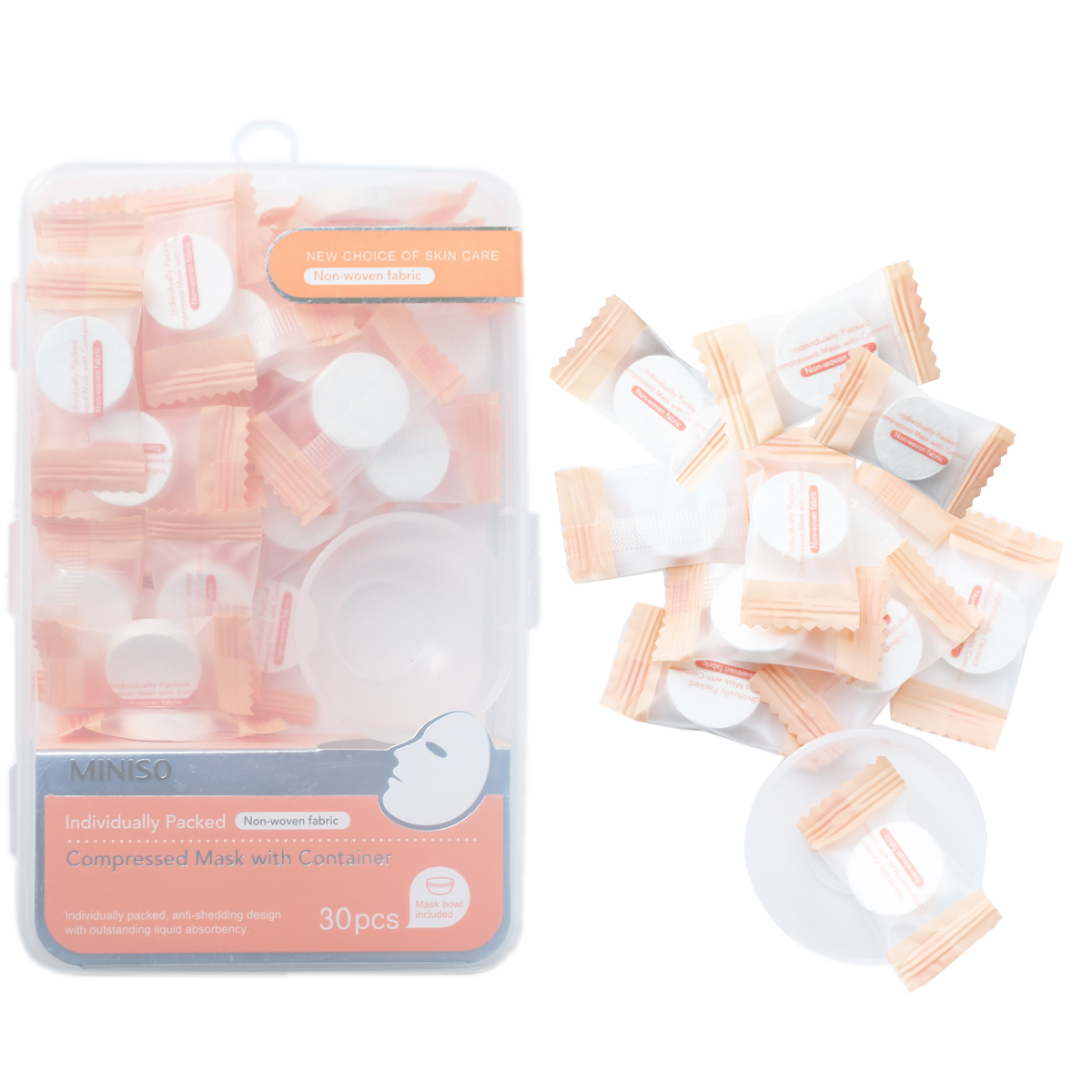 Mặt nạ nén Nhật Bản Miniso Compressed Mask With Container trong hộp 30 miếng kèm bát mặt nạ tiện lợi ( trắng - hồng ) chính hãng - MNS055