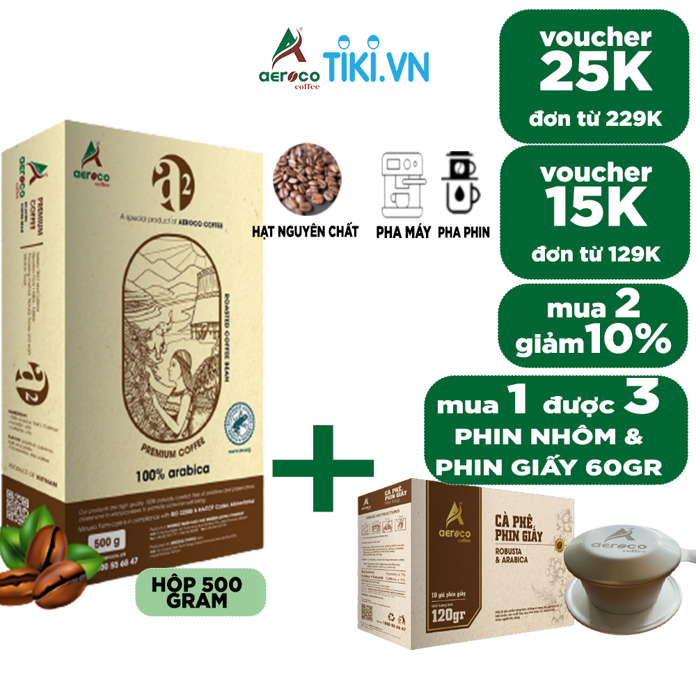 Cà phê hạt rang AEROCO A2 pha phin và pha máy, hộp 500g, nguyên chất 100% rang mộc hậu vị ngọt thơm quyến rũ