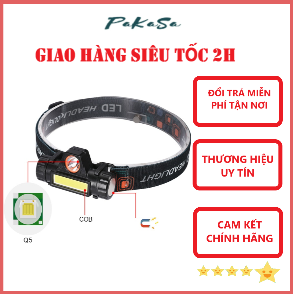 Đèn Pin Đội Đầu 2 Bóng Siêu Sáng Q5 PaKaSa Kèm Sạc - Hàng Chính Hãng