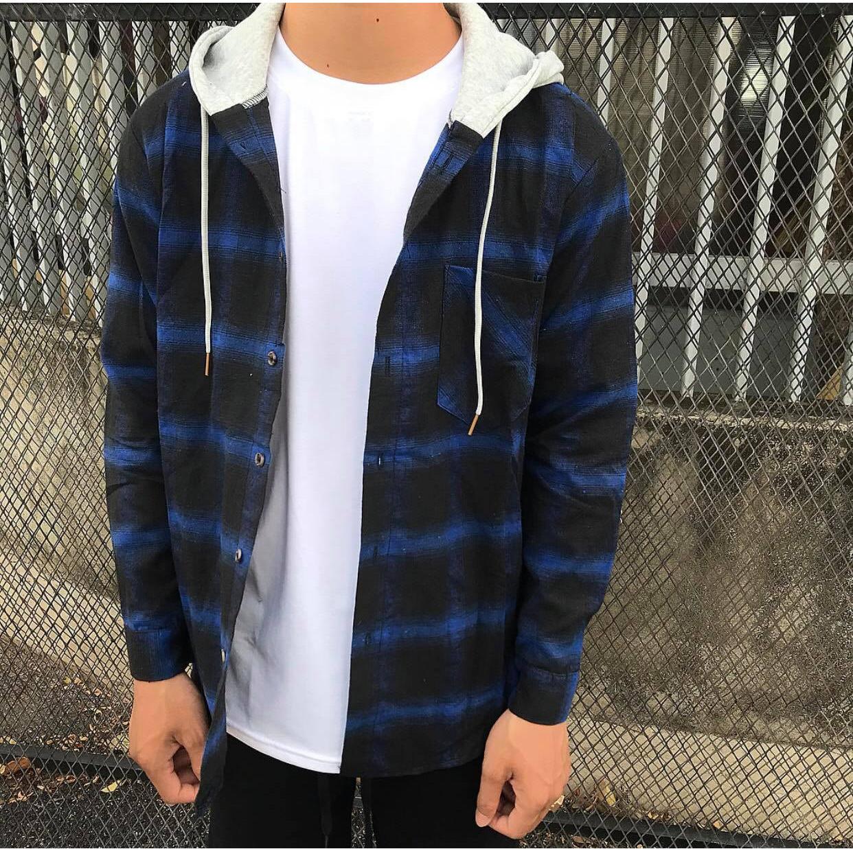 Áo sơ mi caro phối nón - Flannel nón unisex nam nữ phong cách hàn quốc vải dày mịn