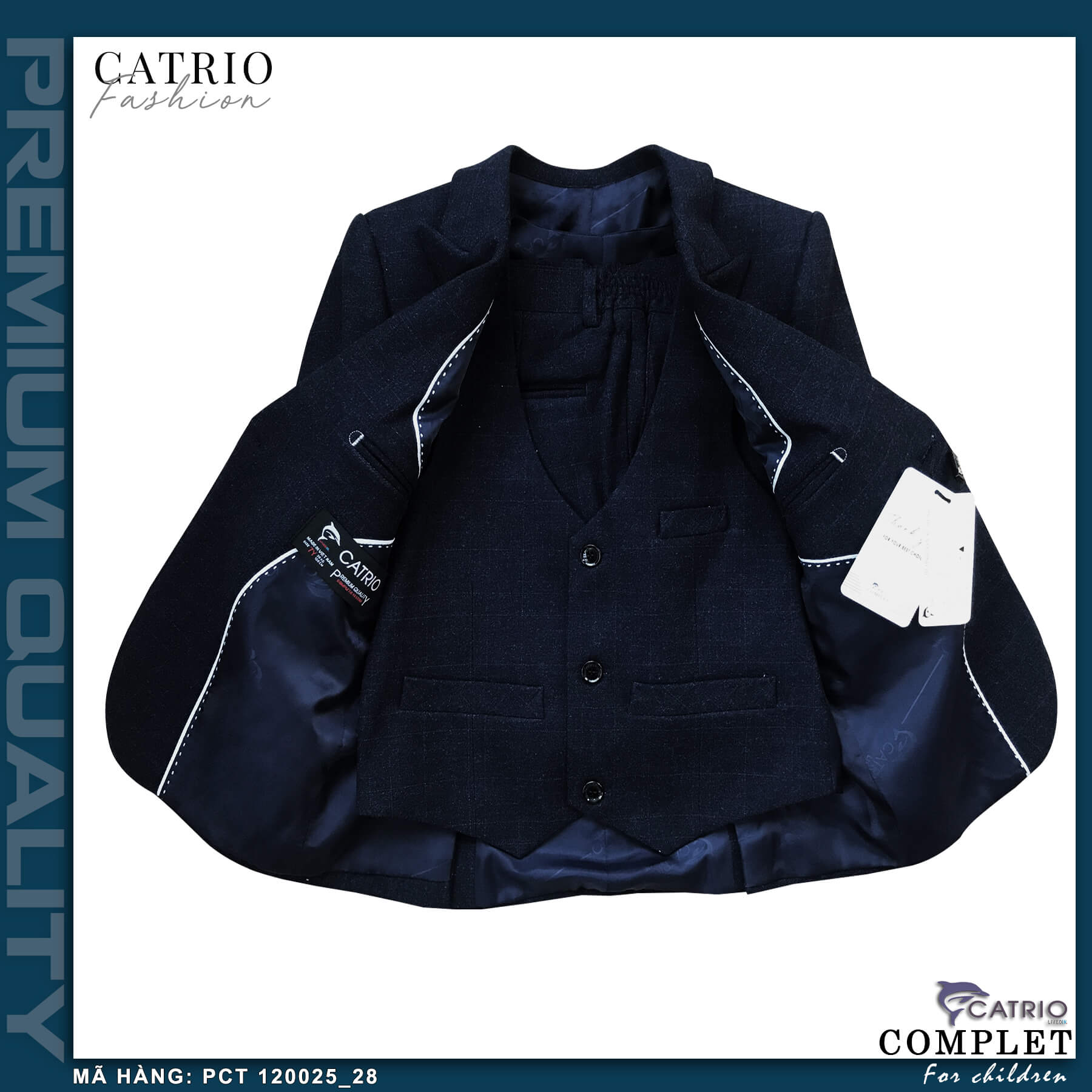 BỘ VEST BÉ TRAI CATRIO PCT120025/28 là bộ complet veston trẻ em từ 2 tuổi đến 12 tuổi thuộc BST quần áo trẻ em CATRIO mùa lễ tết, tiệc cưới hỏi, dạ hội sinh nhật