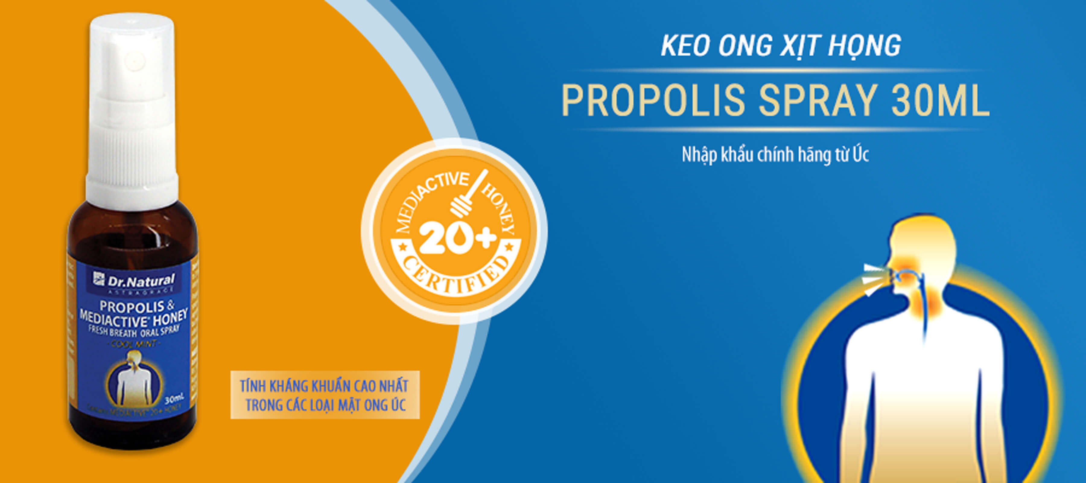 Keo ong xịt họng nhập khẩu chính hãng Úc PROPOLIS SPRAY (30 ml) giúp làm sạch khoang miệng, khử mùi hôi mang lại hơi thở thơm mát. Giúp ngăn ngừa vi khuẩn, ngăn ngừa viêm họng, đau rát họng