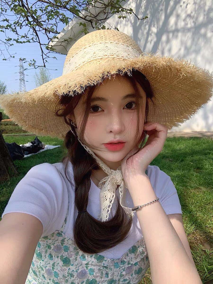 Nón cói rơm dây nơ ren vành xước vintage