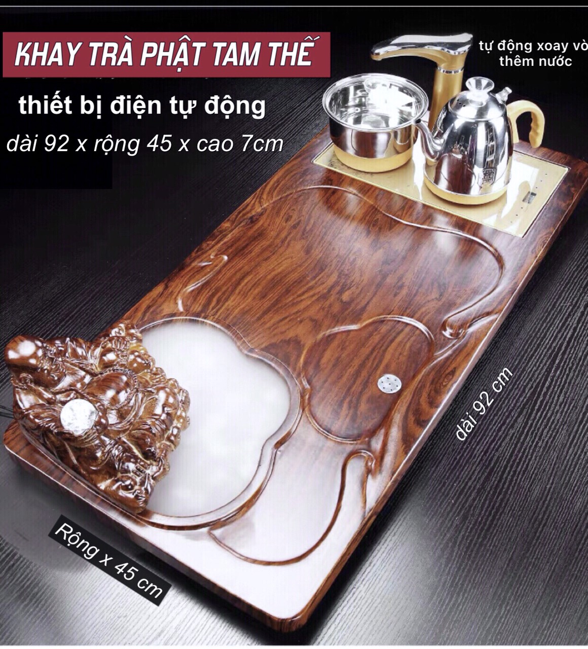 Bàn trà điện gỗ thông minh phật di lặc phong thuỷ 0114 ôm hồ lô phun nước ,Bếp đun nước inox cảm ứng đa năng tự động ,kèm ấm chén trà đạo tuỳ chọn một bộ theo hình
