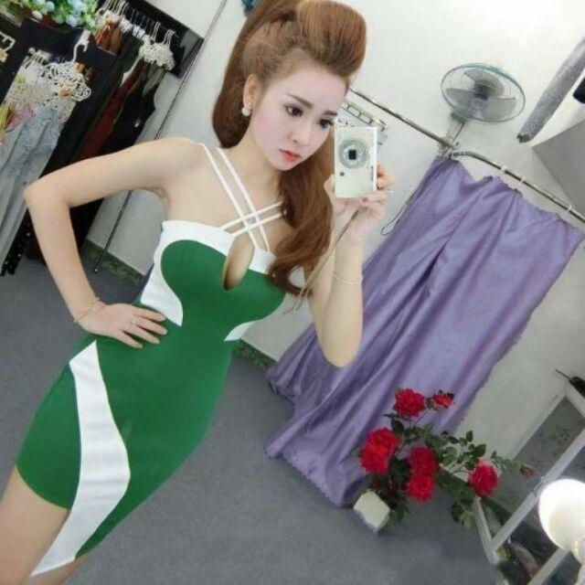 Đầm đan dây phối màu