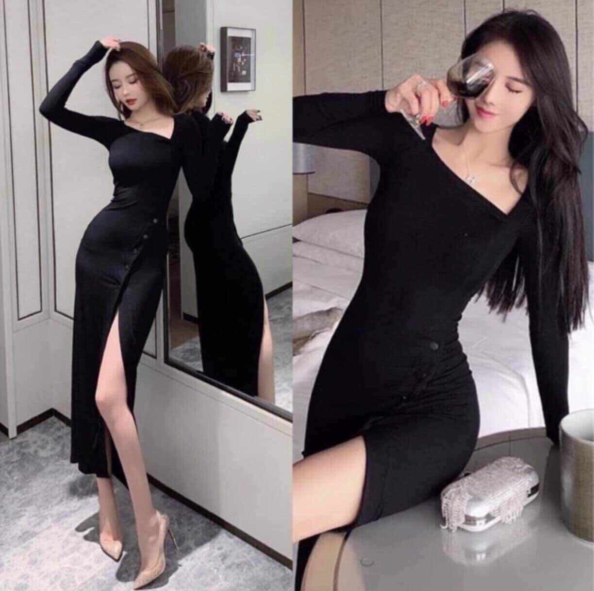 F882 ĐẦM ÔM BODY CỔ LỆCH TAM GIÁC