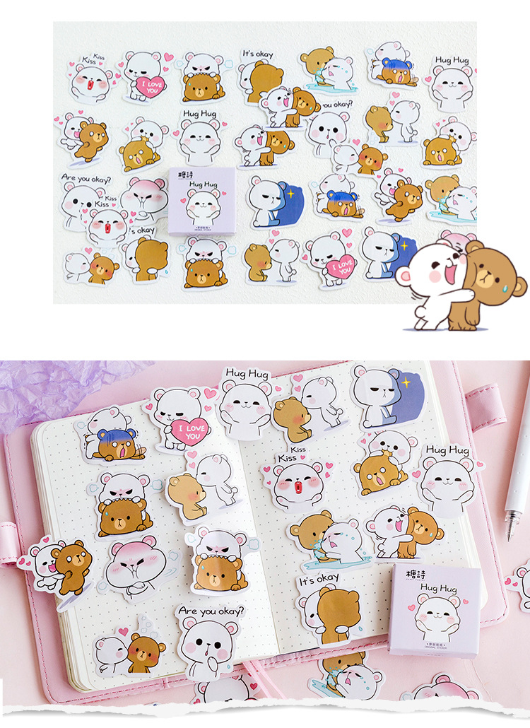 Sticker chủ đề Gấu Con Hug Hug - Hộp 45 miếng dán trang trí sổ tay Bullet Journal - M222