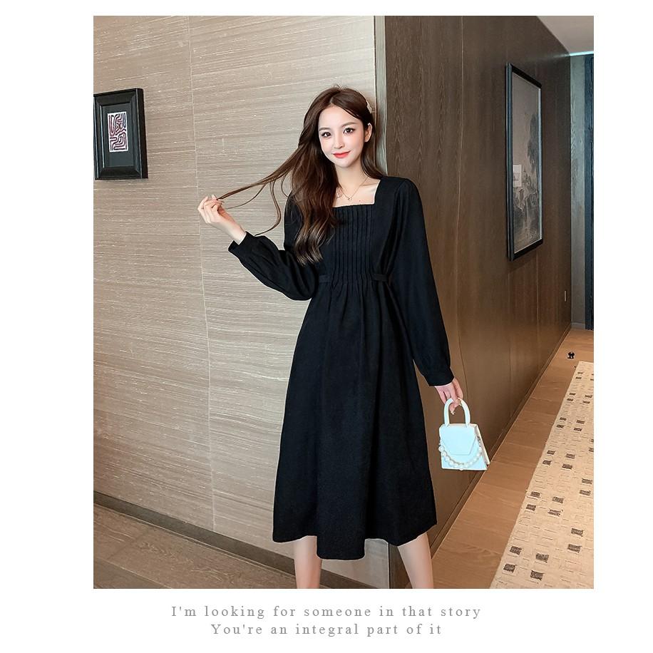 Váy Nữ Cổ Vuông Nhung Tăm Tôn Dáng