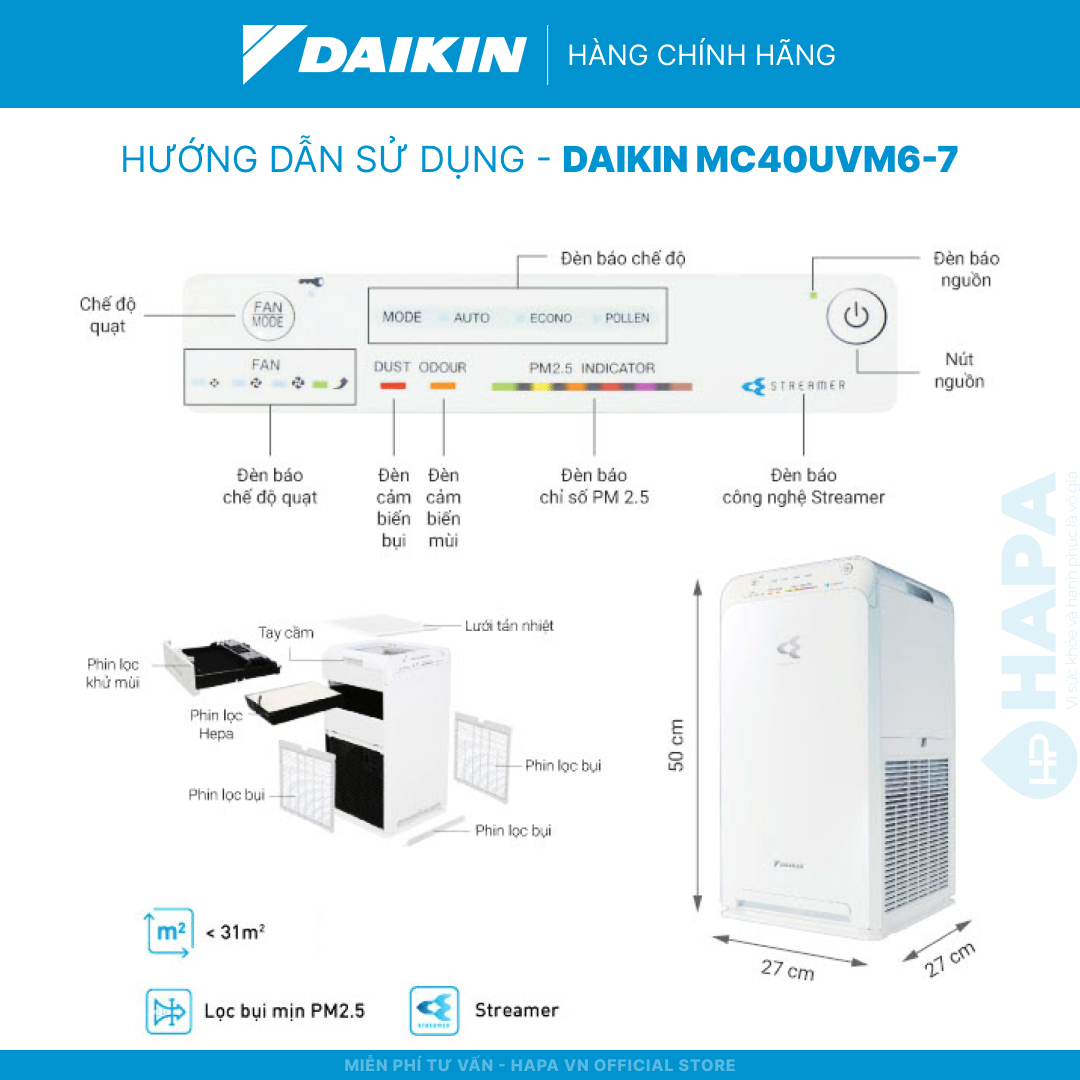 Máy Lọc Không Khí DAIKIN MC40UVM6-7 Phòng &lt; 31m2 Công nghệ HEPA + Streamer - Hàng Chính Hãng DAIKIN
