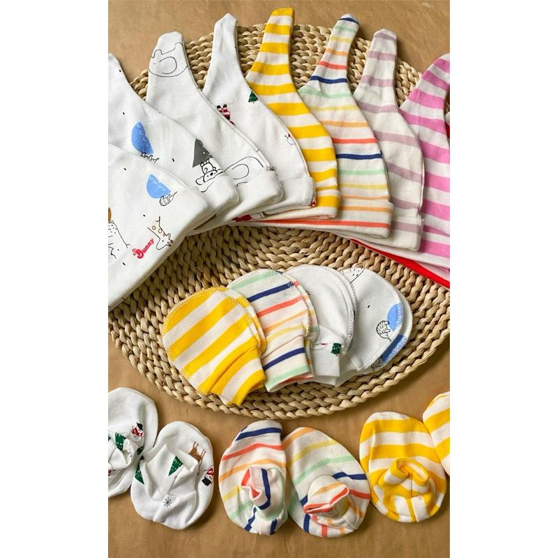 Set Nón - Bao Tay Bao Chân Chất Cotton Mềm mại, Co Giãn - BunnyBaby - Màu Trắng