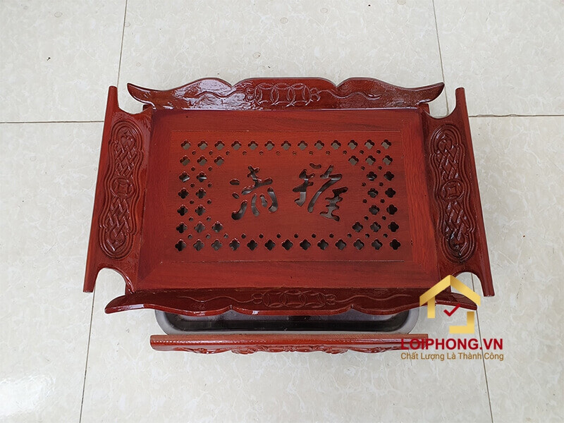 Khay trà gỗ hương chạm tiền 44x30x12 cm