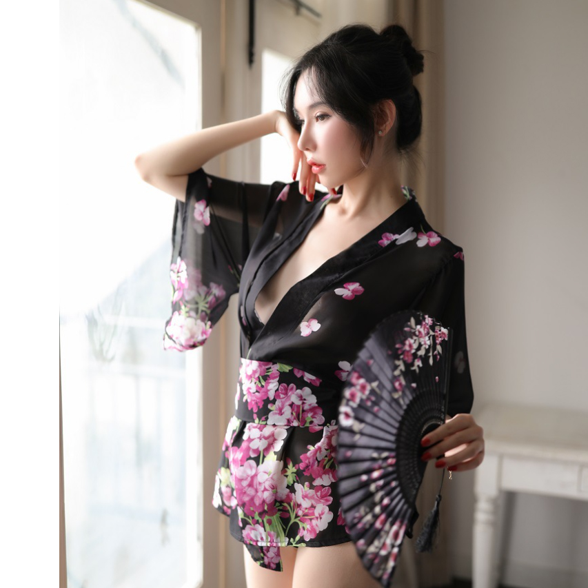 Áo choàng kimono xuyên thấu đồ ngủ gợi cảm phối ren sang trọng