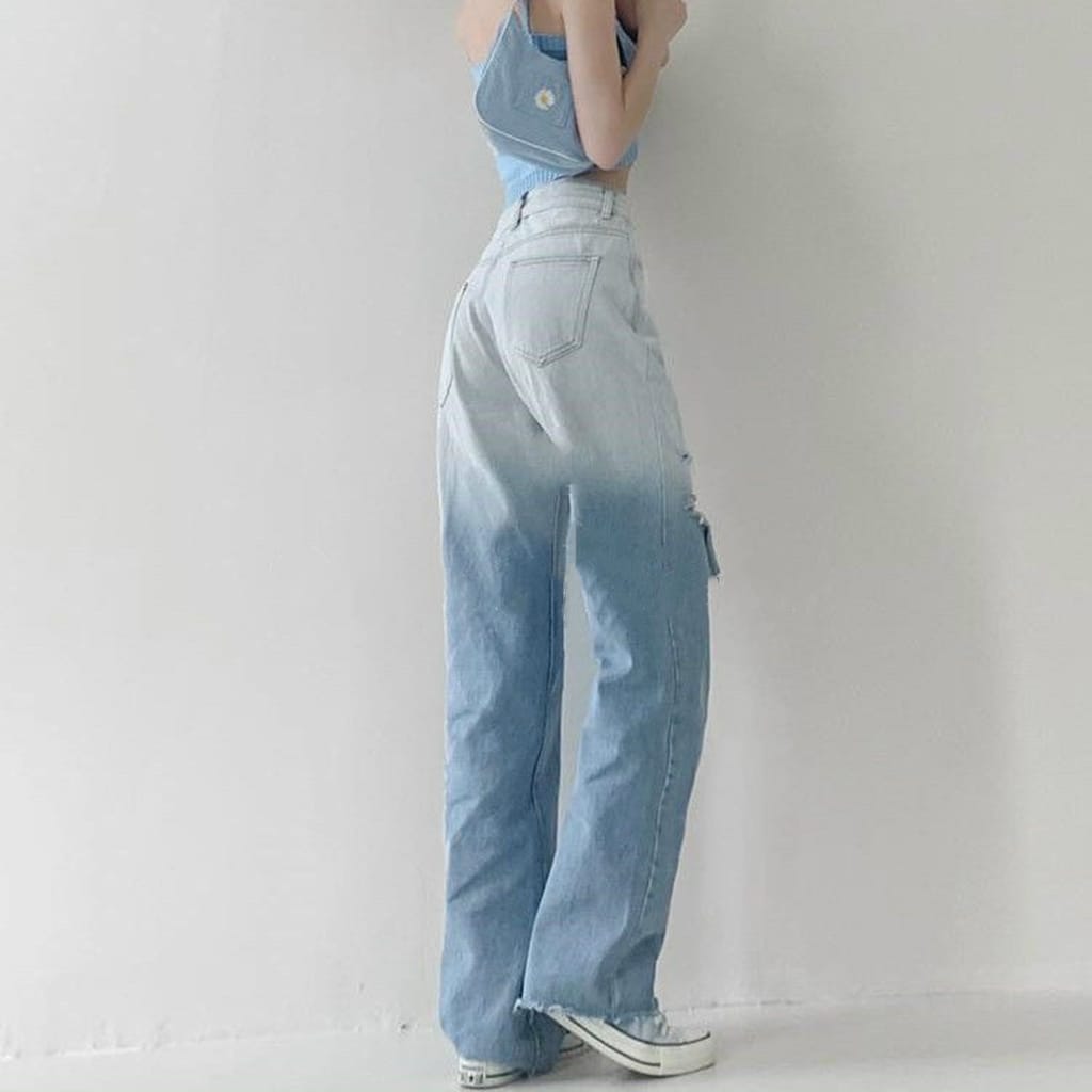 Quần Jean nữ ống rộng Ulzzang lưng cao phong cách Retro Jean loang màu, rách gối