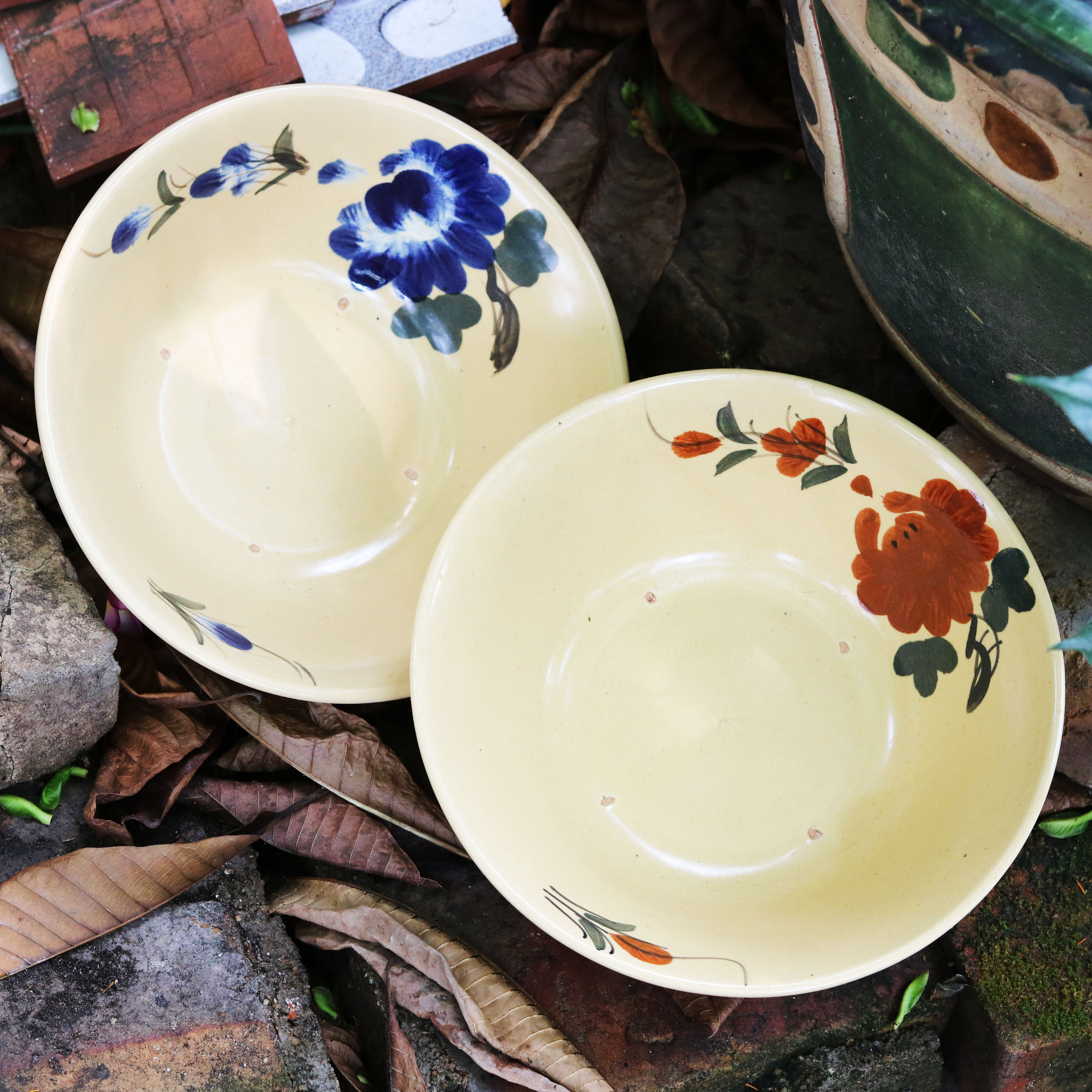 Tô To Vẽ Gà Trống/Hoa/Phết Xanh - Tô Tượng Size 21cm - Gốm Xưa Cho Người Hoài Niệm