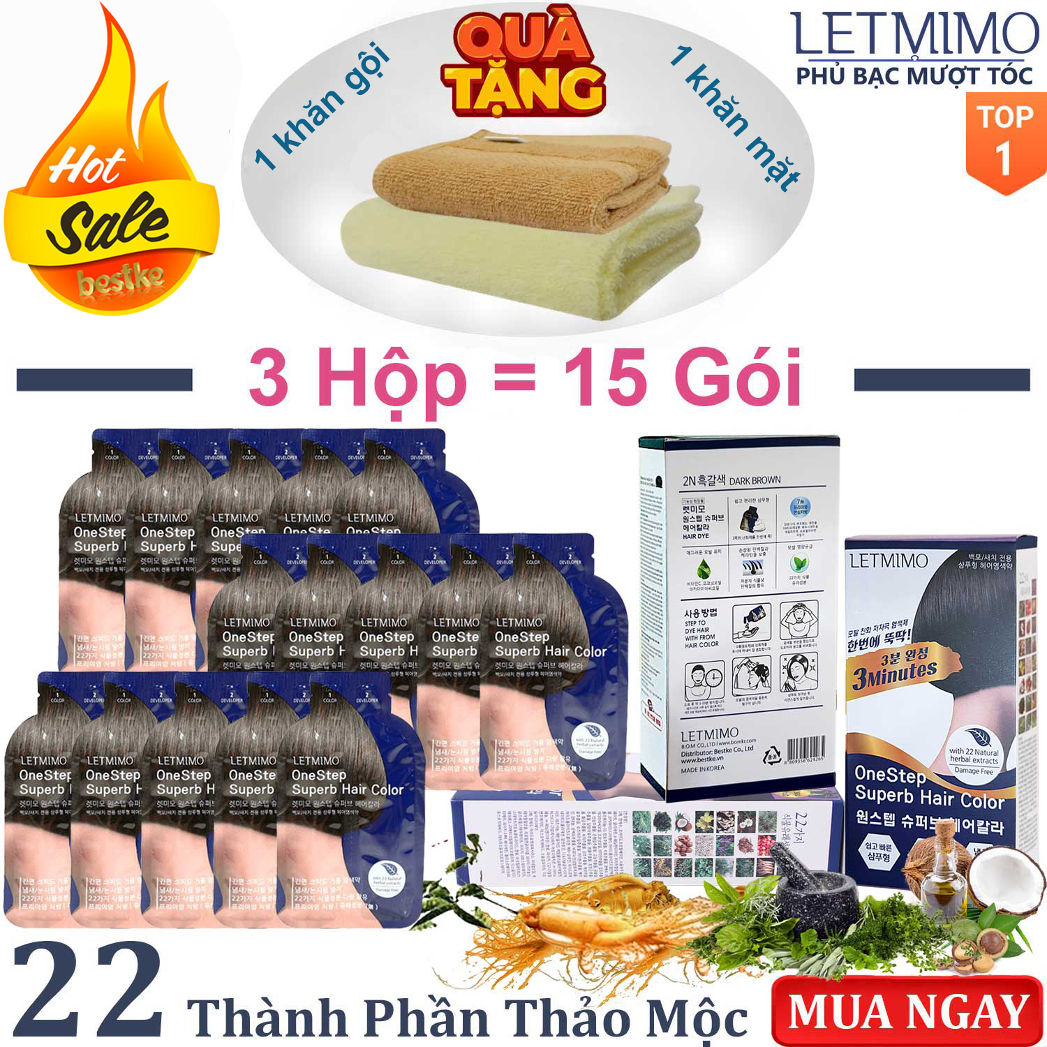 Combo 3 Hộp Nhuộm Tóc LETMIMO màu Nâu Đen_2N, 15 gói + QUÀ TẶNG 1 khăn gội 83*33 &amp; 1 khăn mặt bestke 48*28cm