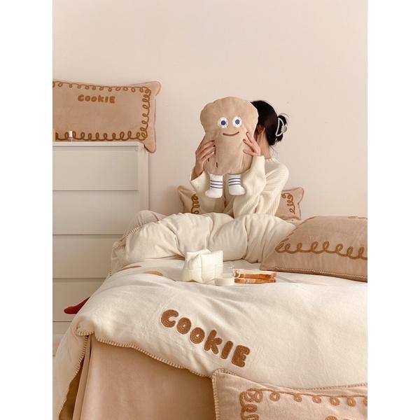 Bộ chăn Ga Gối Nỉ Nhung Sữa Hàng Nhập Khẩu Cao Cấp 4 Món Cookies