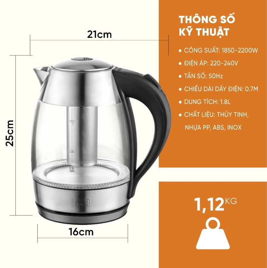 Ấm Siêu Tốc Thủy Tinh Cao Cấp 1,8L Lebenlang LBLB2226 (Model New) Kèm Lõi Lọc Trà, 2200W, Hàng Chính hãng