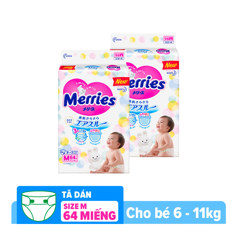 Combo 2 Tã/bỉm dán Merries size M - 64 miếng (Cho bé 6 - 11kg)