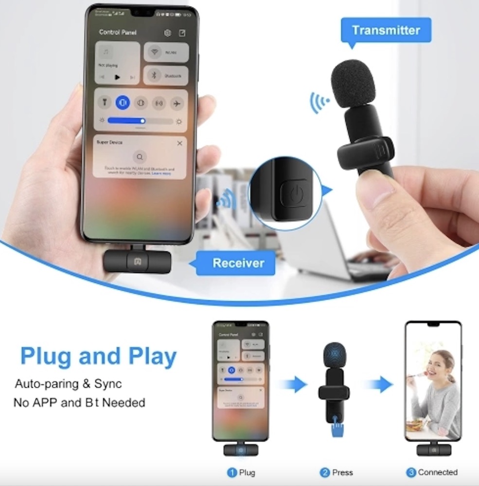 PULUZ PU3151B One-Trigger-Two Mini 2.4G Wireless Microphone System Clip-on Mic Replacement for Type-C Android Smarphones Tablets