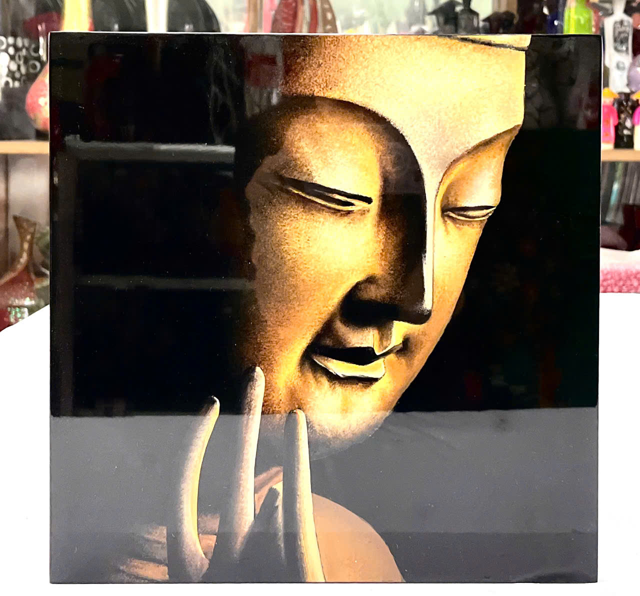 Tranh sơn mài vẽ tay Tượng Phật cao cấp Thanh Bình Lê size 38x38 cm treo tường, trang trí nhà cửa, văn phòng, quà tặng