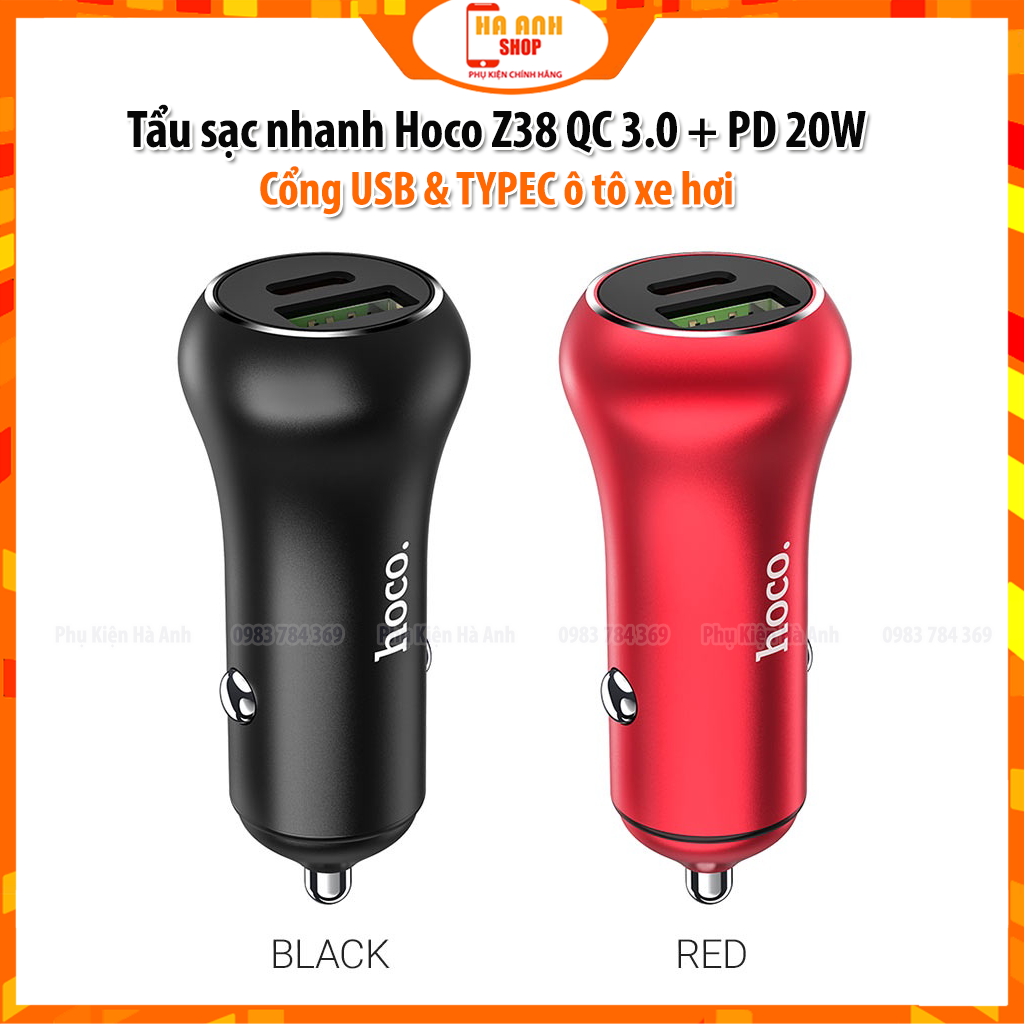 Tẩu sạc nhanh Hoco Z38 QC 3.0 + PD 20W cho ô tô xe hơi cổng USB &amp; TYPE C cho điện thoại iP Huawei Samsung Oppo - Hàng chính hãng