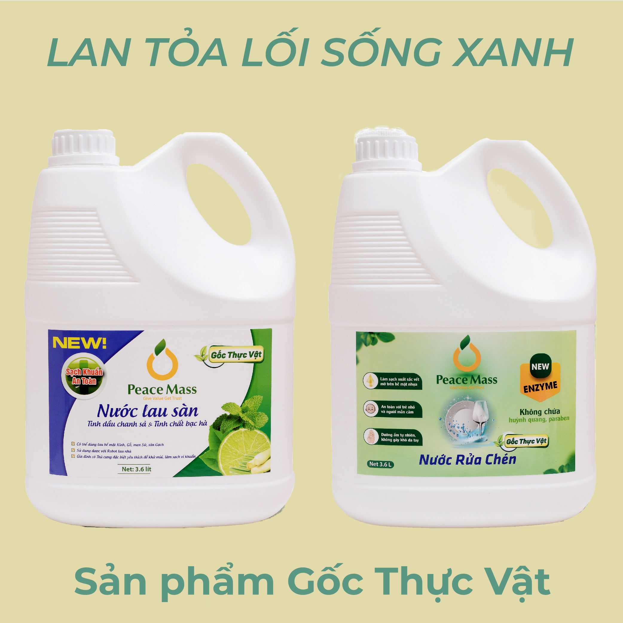 Combo Sản Phẩm Gốc Thực Vật LSB3 Peace Mass Nước Lau Sàn TD Chanh Sả - Bạc Hà 3.6 l + Nước Rửa Chén 3.6 l (Thuộc nhóm Sản phẩm Lành tính / Hữu cơ)