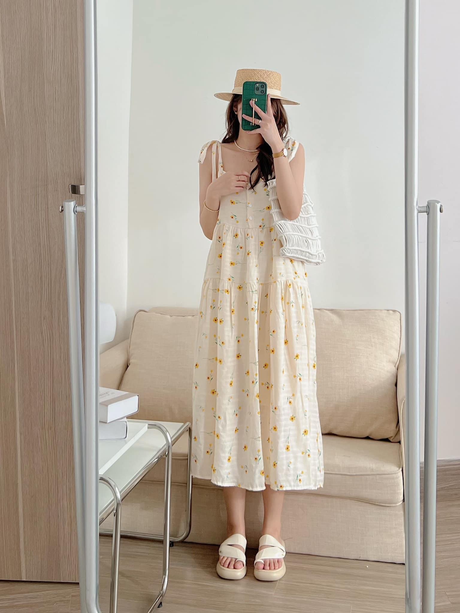 Đầm 2 dây vai nơ babydoll hoa nhí ulzzang tiểu thư