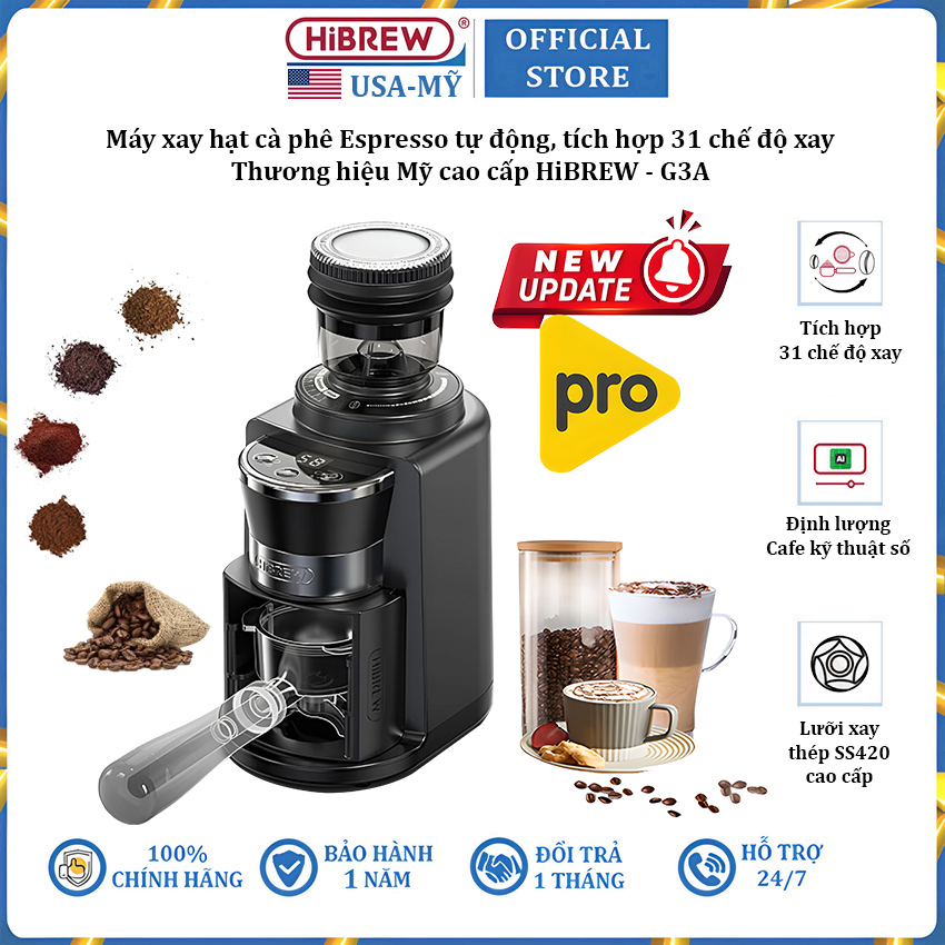 Máy xay hạt cà phê Espresso tự động tích hợp 31 chế độ xay thương hiệu HiBREW G3A - Hàng Chính Hãng