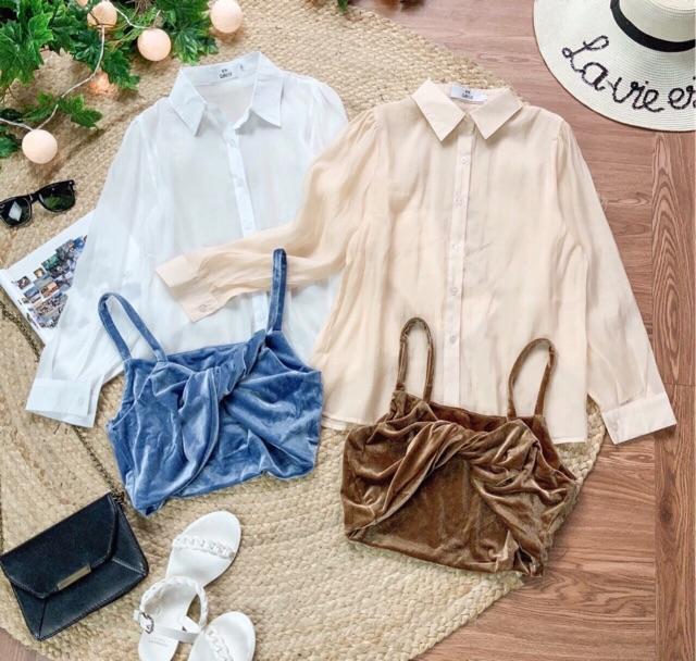 Set áo sơ mi trơn tay dài và áo yếm nhung 2 dây croptop