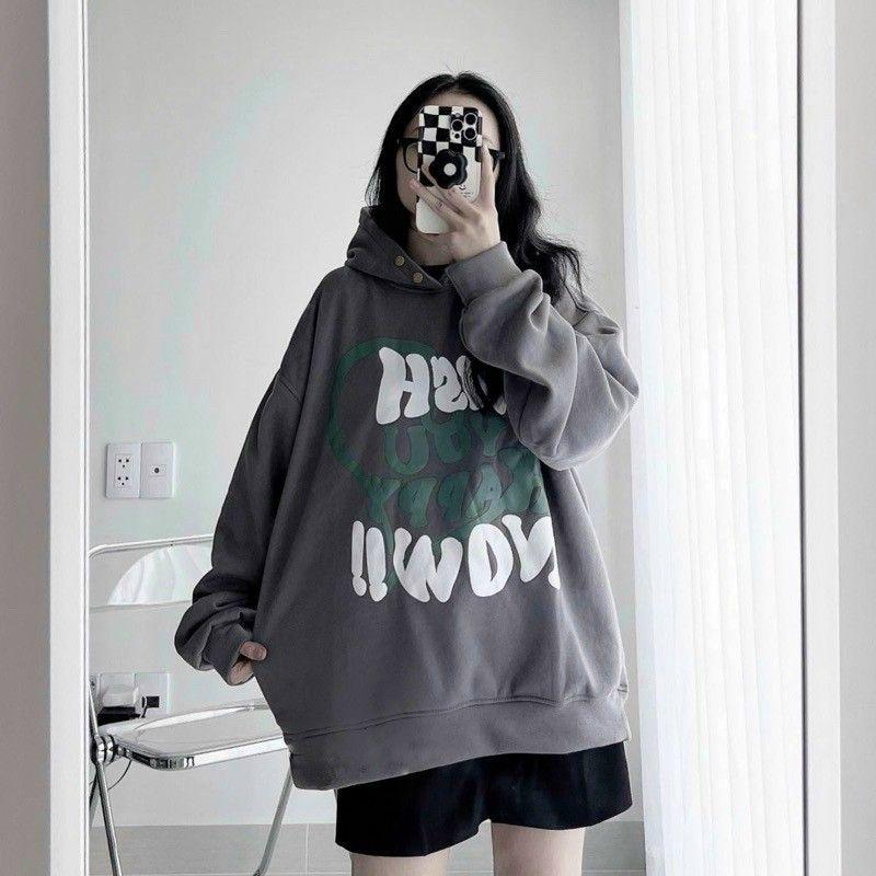 Áo Khoác hoodie nữ WIST_9 nỉ ngoại cao cấp form rộng,nón to có nút bấm kiểu most hình in nổi 2 màu xám,nâu cá tính