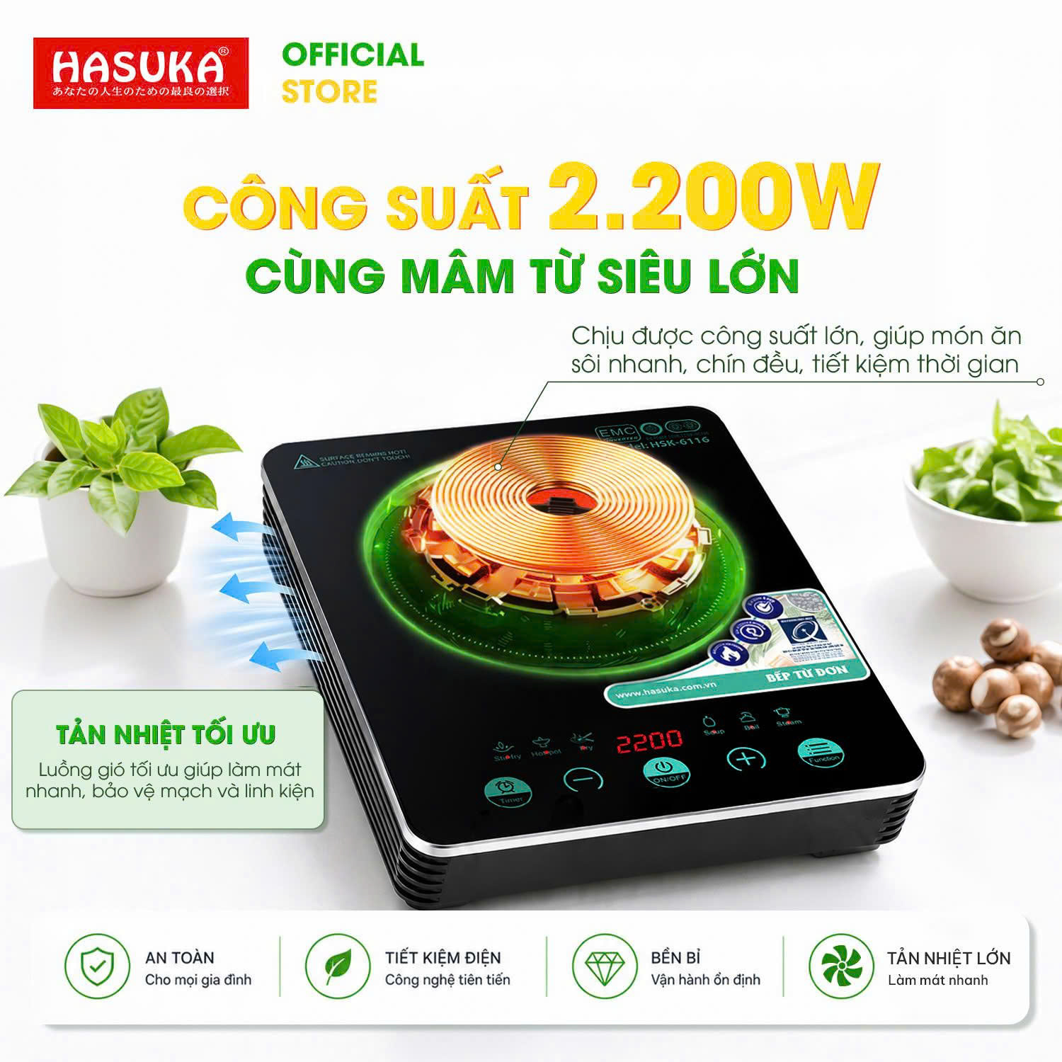 BẾP ĐIỆN TỪ ĐƠN CAO CẤP HASUKA HSK-6116 (2200W) HÀNG CHÍNH HÃNG