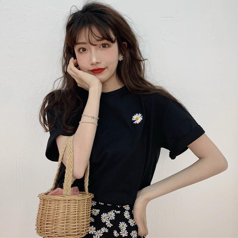 Women Summer Crew Neck College Short Sleeve Floral Print Loose T-Shirt Tops