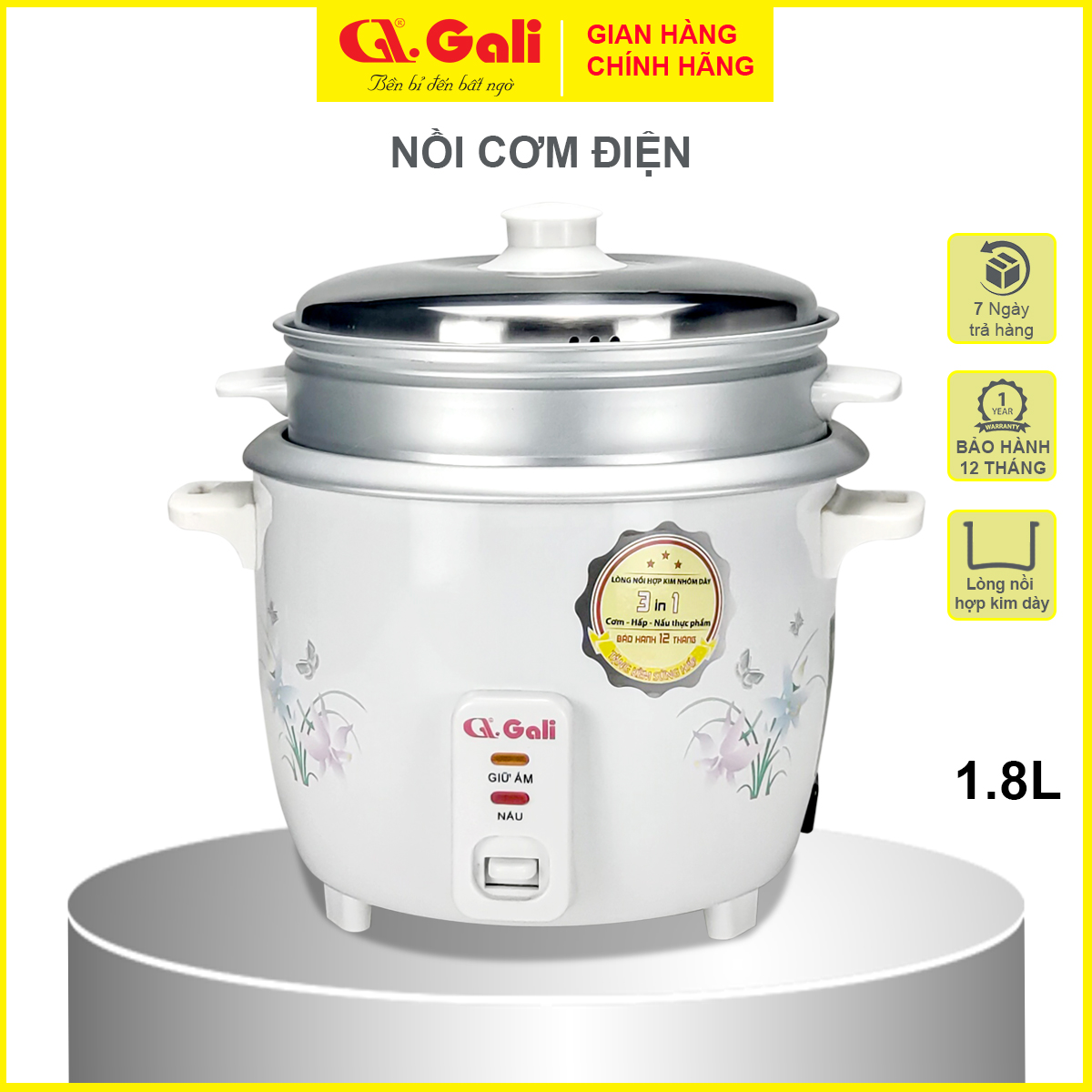 Nồi cơm điện nắp rời Gali 1.8 lít, đa chức năng nấu hấp, luộc, hàng nhập khẩu bảo hành 12 tháng chính hãng.