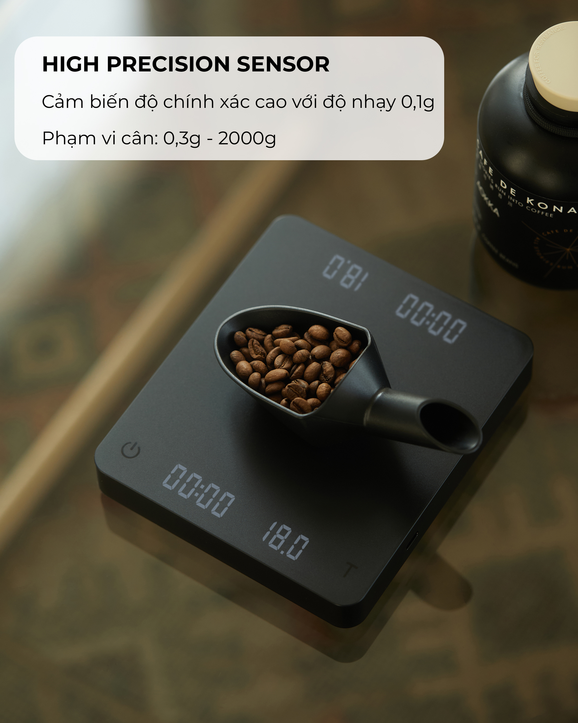 Cân điện tử GHOST 2 mặt cho pha chế cà phê đồ uống có đếm giờ CAFE DE KONA pin sạc