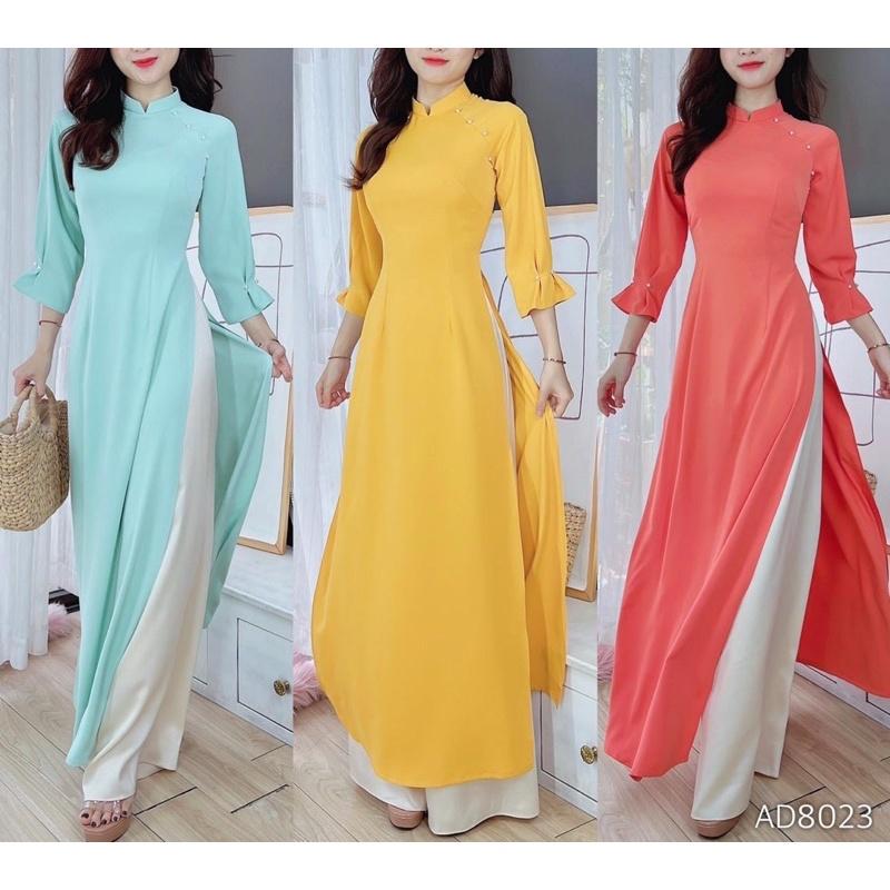 Áo dài kiểu tay loe ngực đinh ngọc chéo - hồng